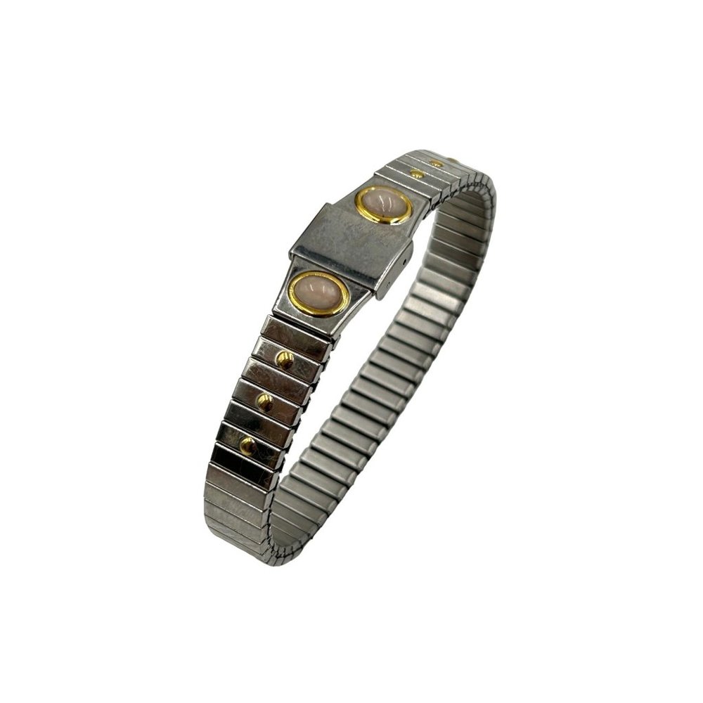 Vintage Stainless Steel Stretch Bracelet Gold & Pink Quartz Accents One Size